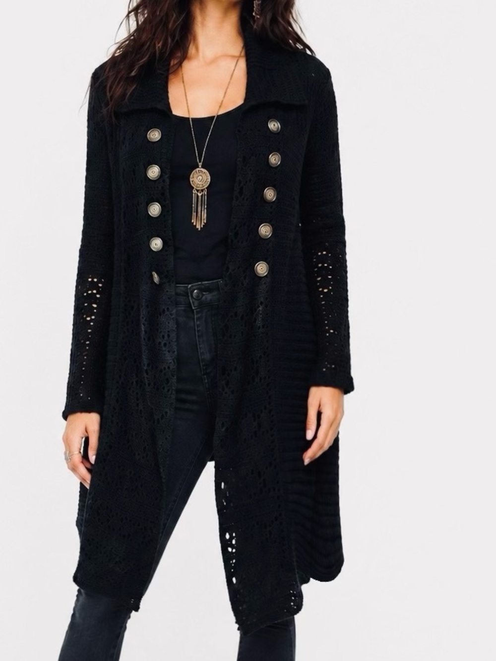 CARDUCCI Vintage Long Black Crochet Double Button Cardigan Duster Sweater